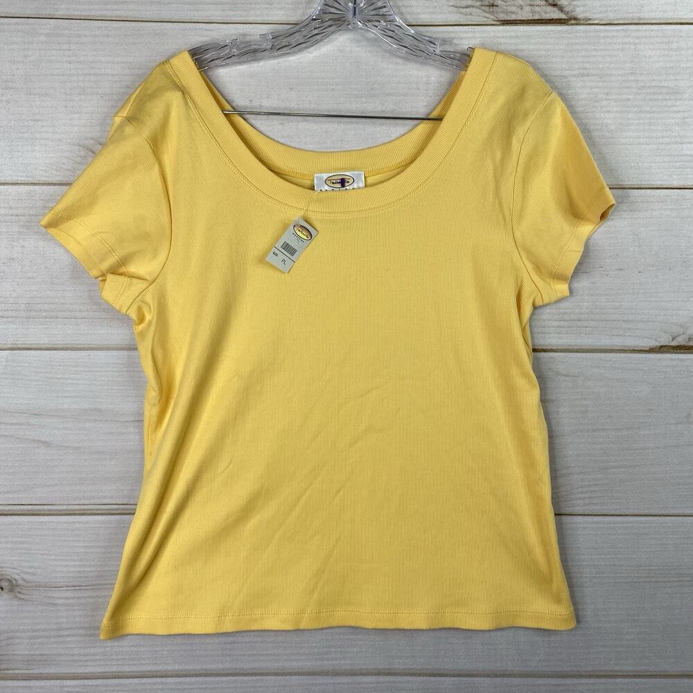 Vintage Talbots Top Womens L Yellow Ribbed Wide Scoop Neck Short Sleeve Y2K NWT